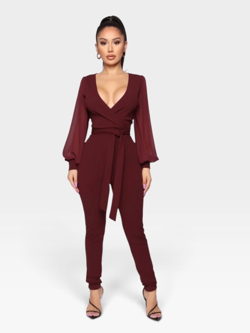 Fashion Nova Wine Wrap Jumpsuit with Sheer Bishop Sleeves